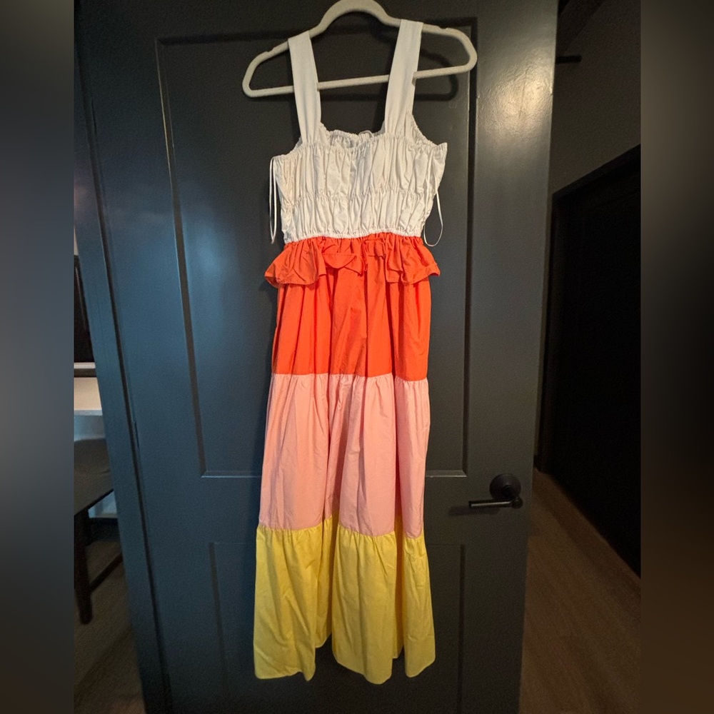 English Factory Color Block Tied Detail Shirring Dress